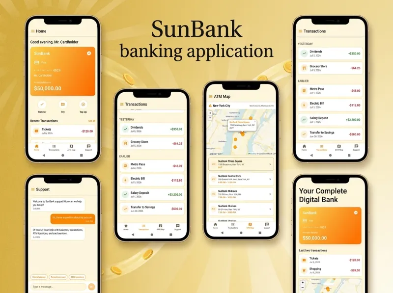 SunBank mobile banking app screens